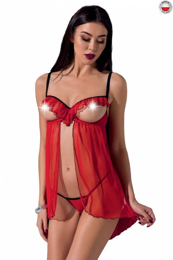 Прозорий пеньюар із відкритими грудьми CHERRY CHEMISE red S/M - Passion Exclusive, трусики