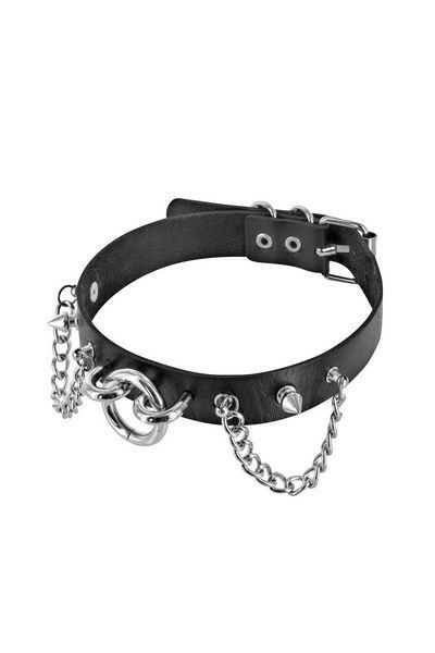 Нашийник ланцюжками, шипами та кільцем Fetish Tentation Choker Rings and Chains, екокожа